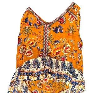 Patrons of Peace Mustard Yellow Floral Paisley Boho Ruffle Tank Top KI18022T L